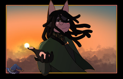 anthro black_hair claws cloak clothed clothed_anthro clothed_male clothing cloud eyewear glasses hair long_hair looking_at_viewer male pawpads paws sunset wearing_glasses trevhart tesni_tano domestic_cat felid feline felis mammal 2026 hi_res