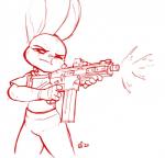 2020 alec8ter anthro clothed clothing conditional_dnp disney fully_clothed fur gun hi_res holding_gun holding_object holding_ranged_weapon holding_weapon judy_hopps lagomorph leporid mammal monochrome one_eye_closed rabbit ranged_weapon red_and_white shooting simple_background sketch solo spent_casing standing submachine_gun weapon white_background zootopia