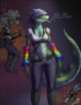 anthro beanie breasts cigarette clothed clothing female green_body green_scales hat headgear headwear knife midriff non-mammal_breasts scales sharp_teeth smoke smoking solo tail teeth gorath helmeted_lizard lizard reptile scalie