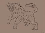 4_breasts 4_fingers all_fours angry areola big_breasts biped black_and_orange breasts female fingers hooves horn huge_breasts multi_breast muscular muscular_female nipples solo klitrox european_mythology greek_mythology mythology bovid bovine mammal minotaur monochrome