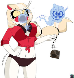 bikini bikini_bottom bikini_top blonde_hair blush breasts clothed clothing daemon_ritus female hair male not_furry open_mouth possession simple_background solo swimwear two-piece_swimsuit white_body dezzy_draws hanna-barbera hazbin_hotel hellaverse scooby-doo:the_movie scooby-doo_(series) angel_dust charlie_morningstar demon ghost humanoid spirit absurd_res digital_media_(artwork) hi_res