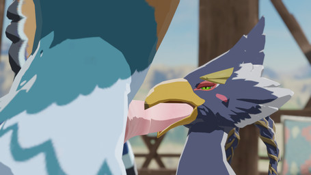 animal_genitalia anthro beak beak_fetish beak_play beak_sex beakjob blue_body duo feathers fellatio genitals green_eyes looking_pleasured male male/male nude oral penile penis sex furryfamine20 breath_of_the_wild nintendo the_legend_of_zelda kass_(tloz) revali avian bird rito 16:9 3d_(artwork) digital_media_(artwork) hi_res widescreen