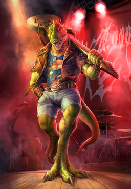 anthro bodily_fluids bottomwear buccinator claws clothing electric_guitar guitar male muscular muscular_anthro muscular_male musical_instrument plucked_string_instrument scales sharp_teeth shorts solo spikes spikes_(anatomy) string_instrument sweat tail teeth shibara rocco_(tallion) dinosaur prehistoric_species reptile scalie theropod tyrannosaurid tyrannosauroid tyrannosaurus tyrannosaurus_rex hi_res