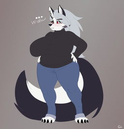 anthro barefoot big_breasts big_tail blush bottomwear breasts clothing denim denim_bottomwear denim_clothing dialogue ears_up eyebrows eyelashes feet female fur hair jeans looking_at_viewer pants solo sweater tail text topwear gorgonwriting hellaverse helluva_boss loona_(helluva_boss) absurd_res hi_res