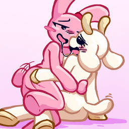 anthro blush bodily_fluids duo female female/female hug saliva tail tail_motion bongusboinkus bunny_maloney candy_bunny charlotte_(bm) bovid caprine goat lagomorph leporid mammal rabbit 1:1 tagme