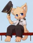 anthro biped blue_background blue_eyes blush clothed clothing hat headgear headwear holding_clothing holding_hat holding_headgear holding_headwear holding_object looking_at_viewer male simple_background sitting solo uniform young young_anthro yojoo domestic_cat felid feline felis mammal