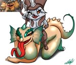 axe breasts claws crossgender duo feet female female/female fur green_feet green_tail grey_body grey_fur grey_hair hair long_tail long_tongue melee_weapon orange_eyes red_tongue tail tongue weapon megi league_of_legends riot_games tencent kled_(lol) skaarl_(lol) lizard reptile scalie yordle hi_res