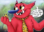 anthro dialogue egg food fur holding_object humor male necktie open_mouth open_smile red_body red_fur smile solo speech_bubble teeth text tusks yellow_eyes thepipefox bugsnax young_horses cromdo_face bugsnak eggler food_creature grumpus mammal 2021 digital_media_(artwork) english_text meme