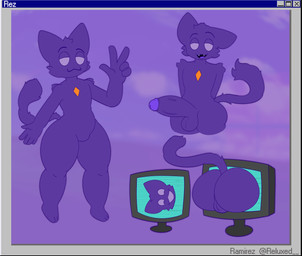 anthro big_penis coming_from_portal crystal electronics fur genitals male monitor penis purple_body purple_eyes purple_fur solo reluxxed domestic_cat felid feline felis mammal absurd_res hi_res tagme