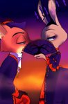 anthro clothed clothing duo female fur green_eyes half-closed_eyes male narrowed_eyes paper_fan purple_eyes motsuko8 disney zootopia judy_hopps nick_wilde canid canine fox lagomorph leporid mammal rabbit red_fox true_fox 2017 hi_res