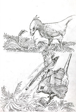 ambiguous_feral ambiguous_gender avian_feet biped bipedal_feral claws duo feathered_wings feathers feral fern fluffy flying plant poof quills_(anatomy) raised_tail side_view startled tail whiskers winged_arms wings iguanodont_(artist) archaeopteryx dinosaur dromaeosaurid feathered_dinosaur feathered_scalie prehistoric_species reptile saurischian scalie theropod graphite_(artwork) greyscale hi_res monochrome sequence traditional_media_(artwork)