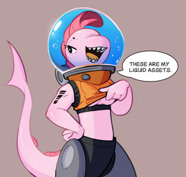 anthro breasts cybernetic_leg cybernetic_limb describing_breasts dialogue eyelashes female fin hair hand_on_hip non-mammal_breasts open_mouth pink_body pink_hair solo speech_bubble tail tail_fin text topwear_lift under_boob rexyseven koraru_koi aquatic fish shark 2024 digital_drawing_(artwork) digital_media_(artwork) english_description english_text hi_res