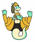 ambiguous_gender anthro armor legs_up smile solo tail wide_hips trout_(artist) ever_oasis mythology nintendo miura dragon drauk mythological_creature mythological_scalie scalie