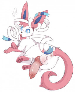 animal_genitalia animal_penis anus balls big_penis bow_(anatomy) butt canine_genitalia canine_penis erection feral fur genitals knot knotted_penis leg_markings male markings pawpads penis pink_body pink_fur ribbons_(anatomy) simple_background socks_(marking) solo tail white_body white_fur kitorie nintendo pokemon canid canine eeveelution generation_6_pokemon mammal pokemon_(species) sylveon digital_media_(artwork) hi_res
