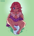barefoot blush bottomless bottomwear clothed clothing clothing_lift convenient_censorship feet female hi_res humanoid humanoid_pointy_ears hylian looking_at_viewer malon nintendo no_underwear not_furry ocarina_of_time one_eye_closed skirt skirt_lift solo speedoru the_legend_of_zelda toes wink