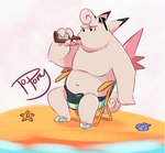 2018 alcohol beach beach_chair beer beer_bottle beverage bottle bulge clefable clothing container curling_tail detailed_bulge eyewear generation_1_pokemon genital_outline hair male marine navel nintendo penis_outline pink_body pokemon pokemon_(species) pompadour seaside simple_background slightly_chubby solo speedo staryu sunglasses swimwear tail topony water wings