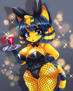 alcohol anthro bangs beverage big_breasts blue_hair blush breasts clothed clothing container cup drinking_glass egyptian eyelashes fake_ears fake_rabbit_ears female fishnet_clothing fishnet_legwear glass glass_container glass_cup hair legwear looking_at_viewer plate ribbons short_hair shortstack solo thick_thighs wide_hips wine wine_glass yellow_body yellow_inner_ear yellow_skin eromorudo animal_crossing nintendo ankha_(animal_crossing) domestic_cat felid feline felis mammal digital_media_(artwork) hi_res