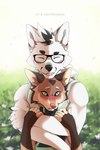 anthro athletic blush bright cuddling duo female hug male male/female meadow smile unsure takomishadow ashen_(maledictionz) misha_(takomishadow) arctic_wolf canid canine canis coyote mammal wolf illustration absurd_res cel_shading hi_res shaded