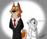 angry anthro clothed clothing duo male male/male simple_background text wedding jman0525 disney zootopia fan_character nate_(foxboots) trevir arctic_fox canid canine canis domestic_dog fox husky mammal nordic_sled_dog spitz true_fox hi_res signature