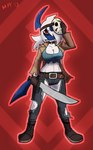 anthro blue_body blue_tail boots breasts clothing cosplay costume female footwear fur hair hockey_mask holding_object holding_weapon horn machete mask melee_weapon red_eyes shoes solo sports_mask sportswear tail torn_clothing weapon white_body white_fur diamond_grenadier friday_the_13th_(series) nintendo pokemon arkia_the_absol jason_voorhees absol generation_3_pokemon mammal pokemon_(species) hi_res