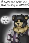 anthro black_body black_fur claws clothing depression flannel_shirt fluffy fur green_eyes inferiority_complex male message neck_tuft self_doubt simple_background solo teeth text tongue tuft yellow_body yellow_fur darknetic kuma_(darknetic) bear mammal 2:3 digital_media_(artwork) english_text hi_res