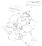 anthro anthro_on_anthro baseball_cap blush bulge_grab clothing dialogue duo evil_grin grope hat headgear headwear male male/male muscular muscular_male naughty_face onesie size_difference smile text wuffinarts donkey_kong_(series) nintendo diddy_kong donkey_kong_(character) ape gorilla haplorhine mammal monkey primate english_text monochrome