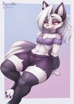 anthro bottomwear breasts claws clothed clothing collar crop_top feet female fur hair leggings legwear narrowed_eyes red_sclera shirt shorts sitting solo thick_thighs toes topwear tuft white_body white_eyes white_fur wide_hips azuretto helluva_boss mythology loona_(helluva_boss) canid canid_demon canine demon hellhound mammal mythological_canine mythological_creature absurd_res hi_res