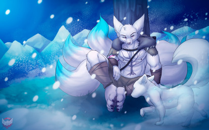 4_toes 5_fingers 5_tails anthro armwear body_tattoo bottomwear brown_armwear brown_bottomwear brown_clothing brown_pants clothing duo feet feral fingers fur male markings mountain multi_tail pants pink_eyes pink_markings sitting snow snowing tail toes white_body white_fur fennephilim_fox canid canine fennec_fox fox mammal true_fox absurd_res hi_res