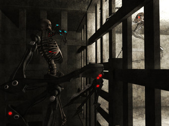 ambiguous_gender bone cage duo glowing glowing_eyes human_skull inside larger_ambiguous larger_humanoid long_arms looking_at_another machine mechanical_arm not_furry red_eyes ribs side_view size_difference skeleton skull smaller_ambiguous smaller_humanoid spine teeth white_body deino_(artist) calne_ca rubidium_(deino) animated_skeleton humanoid robot robot_humanoid undead waddling_head 2009 3d_(artwork) 4:3 autodesk_3ds_max_(artwork) digital_media_(artwork) female_(lore)
