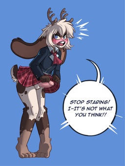 4_toes 5_fingers anthro antlers balls biped blue_background blue_eyes blush bottomwear brown_body brown_fur clothed clothing clothing_lift crossdressing dialogue embarrassed erection eyebrow_through_hair eyebrows eyelashes feet femboy fingers fur genitals hair horn knock-kneed long_ears looking_at_viewer male multicolored_body multicolored_fur no_underwear open_mouth penile penis pigeon_toed school_uniform shirt simple_background skirt skirt_lift solo speech_bubble standing tail tail_under_skirt teeth text toes tongue topwear translucent translucent_hair uniform white_body white_fur white_hair byuni aster_faye jackalope lagomorph leporid mammal rabbit 2019 3:4 digital_media_(artwork) english_text hi_res