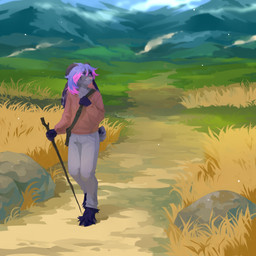anthro bag black_body black_fur blue_hair bottomwear cane clothed clothing front_view fur grass grey_body grey_bottomwear grey_clothing grey_fur grey_pants hair male mountain mouth_closed multicolored_hair outside pants pink_hair plant purple_eyes red_clothing red_sweater red_topwear rock solo standing sweater topwear two_tone_hair unsigned corzh77 species_request 1:1 absurd_res full-length_portrait hi_res lineless portrait