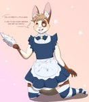 anthro clothing diaper feces hypnosis kneeling legwear maid_uniform male messy_diaper mind_control soiling solo text thigh_highs uniform extremius_amphibious vio_(lalalapin) lagomorph leporid mammal rabbit english_text hi_res