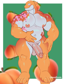 anthro balls belly blush cherry_blossom erection flower food fruit genitals glans happy male musclegut muscular muscular_male nipples nude orange_body peach_(fruit) pecs penis pink_nipples plant prunus_(flower) simple_background solo white_body hunnipanda cetacean mammal marine whale hi_res