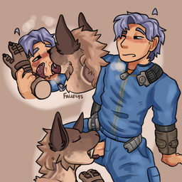 anthro blush clothing duo eyes_closed face_lick fangs fellatio french_kissing genitals humanoid_genitalia humanoid_penis kissing licking long_tongue male male/male one_eye_closed oral penile penis sex teeth tongue tongue_out fallflys fallout microsoft human mammal night_stalker_(fallout) 1:1 absurd_res hi_res
