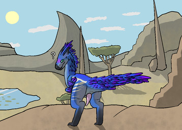 animal_genitalia biped bipedal_feral blue_body cloaca cloacal_penis countershading erection feathers feral genitals green_eyes horn looking_back male penis purple_body purple_feathers question_mark solo standing tapering_penis fogspot capcom monster_hunter bird_wyvern dinosaur prehistoric_species reptile saurischian scalie seikret theropod aliasing digital_media_(artwork)