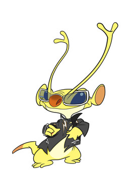 3_toes 4_fingers antennae_(anatomy) anthro biped blue_eyes brown_nose clothing dipstick_tail eyewear feet fingers forked_antennae gesture hand_gesture jacket leather leather_clothing leather_jacket leather_topwear long_antennae markings pointing simple_background solo standing sunglasses tail tail_markings toes topwear white_background yellow_body rubyrobe disney lilo_and_stitch my_hero_academia sparky_(lilo_and_stitch) alien experiment_(lilo_and_stitch) 2022 crossover hi_res