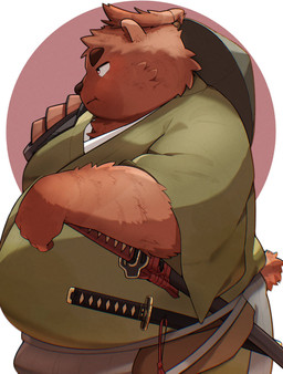 anthro asian_clothing belly big_belly brown_body brown_fur clothing east_asian_clothing fur hat headgear headwear japanese_clothing kemono male overweight overweight_male simple_background solo standing weapon en_1_9 bear mammal 2026 hi_res