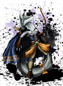 abstract_background accessory anthro arrow_(weapon) biped blue_cape blue_clothing bow_(weapon) cape claws clothed clothing female finger_claws fur furgonomics green_eyes grey_body grey_fur holding_bow_(weapon) holding_object holding_ranged_weapon holding_weapon multicolored_clothing neck_tuft no_pupils quiver_(object) ranged_weapon ribbons solo standing tail tail_accessory tail_ribbon tuft weapon white_body white_fur farionelle hersent canid canine canis mammal wolf 2015 full-length_portrait portrait