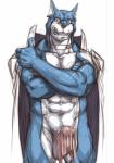 abs anthro balls biceps blue_body blue_fur clothing erection fur genitals humanoid_genitalia humanoid_penis looking_at_viewer male muscular muscular_anthro muscular_male pecs penis smile solo standing teeth white_body white_fur bomb_(artist) power_rangers power_rangers_spd doggie_kruger canid canine canis domestic_dog mammal absurd_res hi_res