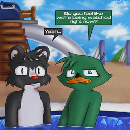 amusement_park anthro biped black_body black_fur blue_eyes camera duo feathers female fur green_body male multicolored_body multicolored_fur red_nose speech_bubble swimming_pool text water water_park white_body white_fur vektral-arson sorana_chezazu vamahrie_frontiera anatid anseriform avian bird duck mammal mephitid skunk 1:1 digital_media_(artwork) english_text hi_res