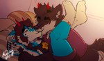 bed clothed clothing crossed_legs cuddling duo furniture kissing lgbt_pride male male/male pantsless pride_colors raised_leg mrdarknesswolf dantalos mrdarknesswolf_(character) canid canine canis demon hybrid mammal wolf hi_res warm_colors