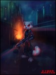 anthro armor black_border border city cityscape cybernetics cyberpunk gun machine male ranged_weapon solo weapon zenfetcher cybermarten mammal mustelid 3:4 absurd_res hi_res