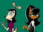 anthro black_hair clothed clothing duo female freckles front_view gesture green_eyes hair looking_at_viewer standing stylized waving waving_at_viewer idytwisted nickelodeon t.u.f.f._puppy becky_(t.u.f.f._puppy) kitty_katswell canid canine canis domestic_cat domestic_dog felid feline felis mammal colored half-length_portrait hi_res portrait