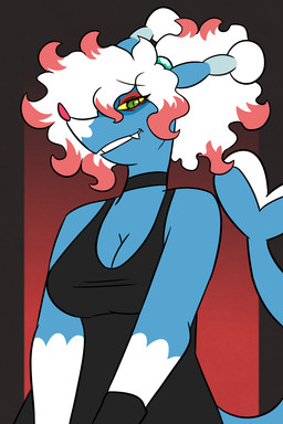 anthro black_choker black_clothing black_jewelry black_necklace black_topwear blue_body blue_tail breasts choker cleavage clothed clothing eyebrow_through_hair eyebrows fangs female gloves_(marking) green_eyes hair illusion jewelry looking_at_viewer markings multicolored_body multicolored_hair necklace pink_nose ponytail red_hair red_hair_tips tail teeth topwear translucent translucent_hair two_tone_body two_tone_hair two_tone_tail white_body white_hair white_tail wristwear yellow_sclera nerdyreindeer nintendo pokemon emma_(nerdyreindeer) brionne generation_7_pokemon generation_8_pokemon hisuian_form hisuian_zoroark mammal marine pinniped pokemon_(species) regional_form_(pokemon) seal 2026 2:3 hi_res