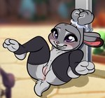 anthro anus arms_above_head bdsm blurred_background blurred_foreground blush bound breasts chibi clothing cuff_(restraint) ears_back female fist flat_chested fur fuzzy genitals glistening glistening_eyes glistening_genitalia glistening_pussy grey_body grey_fur grin handcuffed handcuffs imminent_sex leggings leggings_only legs_up legwear legwear_only lying metal_cuffs mostly_nude nipples on_back outside pivoted_ears public public_nudity purple_eyes pussy restrained restrained_arms restraints short_tail small_breasts smile solo spread_legs spreading stirrup_legwear tail teeth thigh_highs toeless_legwear baebot disney zootopia judy_hopps lagomorph leporid mammal rabbit 2025 hi_res