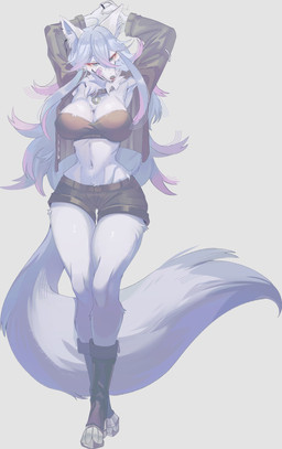 anthro bandeau big_breasts black_nose blue_hair bottomwear breasts cleavage clothed clothing collar eyebrows eyelashes female fluffy fluffy_tail footwear fully_clothed fur hair inner_ear_fluff jacket kemono licking licking_lips long_hair long_tail midriff navel raised_arms shoes shorts smile solo standing tail thigh_gap tongue tongue_out topwear tuft white_body white_fur white_tail wide_hips psibunny canid canine mammal 2025 hi_res