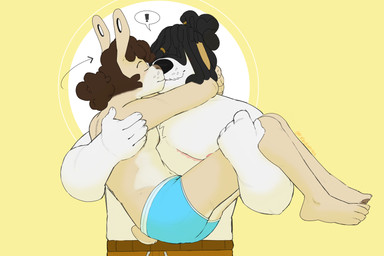 accessory anthro arms_around_neck black_hair blush brown_hair carrying_another chest_tuft claws clothed clothing dreadlocks duo ear_piercing exclamation_point eyebrows finger_claws fireman's_carry flesh_tunnel floppy_ears fur gauged_ear green_eyes hair hair_accessory hair_over_eye hair_over_eyes hair_ring hug kissing male male_anthro pawpads piercing simple_background stocky swimming_trunks swimwear tail tan_body tan_fur toe_claws topless topless_anthro topless_male tuft underwear visibly_trans whisker_spots white_body white_fur yellow_background p_rindustries anton_(p_rindustries) wynn_(p_rindustries) canid canine canis domestic_dog herding_dog lagomorph leporid mammal pastoral_dog rabbit sheepdog 2022 3:2 hi_res trans_(lore) trans_man_(lore)