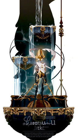 ambiguous_gender anthro biped black_body clothed clothing detailed_background dual_wielding empty_eyes feathers holding_melee_weapon holding_object holding_sword holding_weapon looking_at_viewer melee_weapon mouthless partially_clothed solo sword text waterfall weapon white_eyes yellow_body katatsumu_ktkt hollow_knight:_silksong hollow_knight_(franchise) team_cherry second_sentinel arthropod robot_anthro 2025 9:16 digital_drawing_(artwork) digital_media_(artwork) english_text hi_res signature