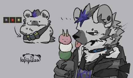 anthro bandolier black_hair blue_hair chibi clothing ear_piercing eyebrow_piercing facial_piercing grey_body hair holding_object jacket male multicolored_hair piercing shirt simple_background solo tongue tongue_out topwear two_tone_hair lapipizza arknights hypergryph studio_montagne spot_(arknights) hyena mammal spotted_hyena 2026 hi_res