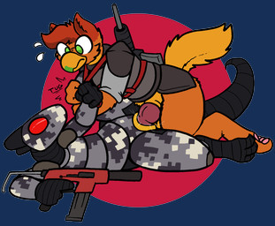 3_toes 4_fingers anthro armor assault_rifle beak bodily_fluids bodysuit camo camo_print clothing duo feet female female_penetrated fingers fluffy fluffy_tail fur genital_fluids genitals green_eyes gun hair horn knot lying machine male male/female male_penetrating male_penetrating_female multicolored_body on_side orange_body orange_fur penetration penile penile_penetration penis penis_in_vagina ranged_weapon red_hair rifle sex simple_background skinsuit submachine_gun tail tight_clothing toes two_tone_body vaginal vaginal_fluids vaginal_penetration weapon yellow_body yellow_fur trout_(artist) mythology amber_wing android avian gryphon mythological_avian mythological_creature protogen robot scalie unknown_species 2020 aliasing alpha_channel digital_media_(artwork) hi_res